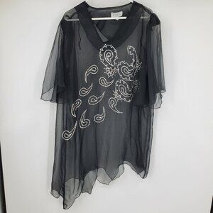 Vintage C.M.J LTD Mesh Sheer Asymmetrical Short Sleeve Sequin Paisley Witchy Top